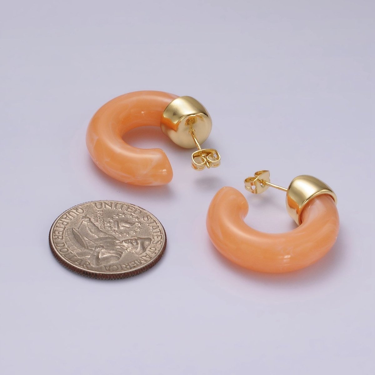 14K Gold Filled 25mm Orange & White C - Shaped Resin Hoop Earrings | AE186 - 187 - DLUXCA