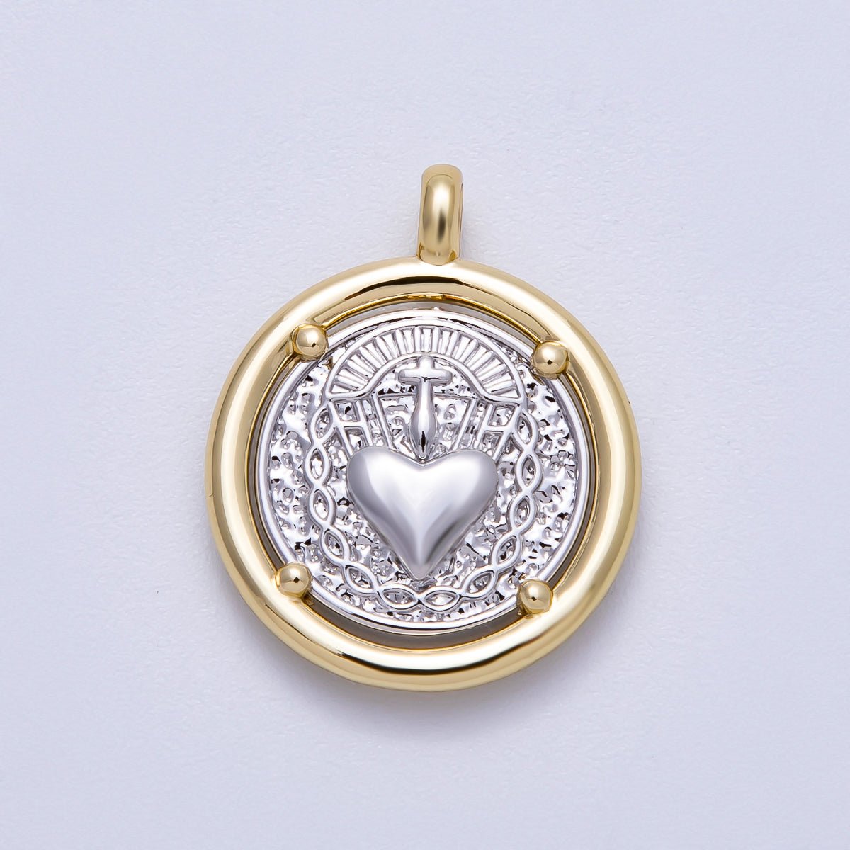 14K Gold Filled 25mm Textured Religious Sacred Heart Round Charm | Charms - 00574 - DLUXCA
