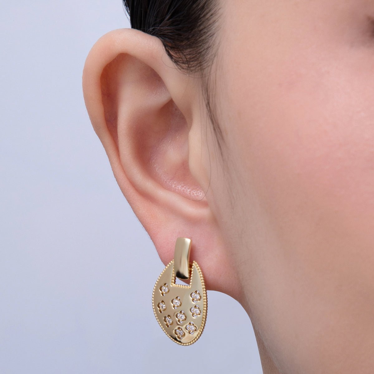 14K Gold Filled 26.5mm Clear CZ Clover Dotted Geometric Drop Stud Earrings | Earrings - 00033 - DLUXCA