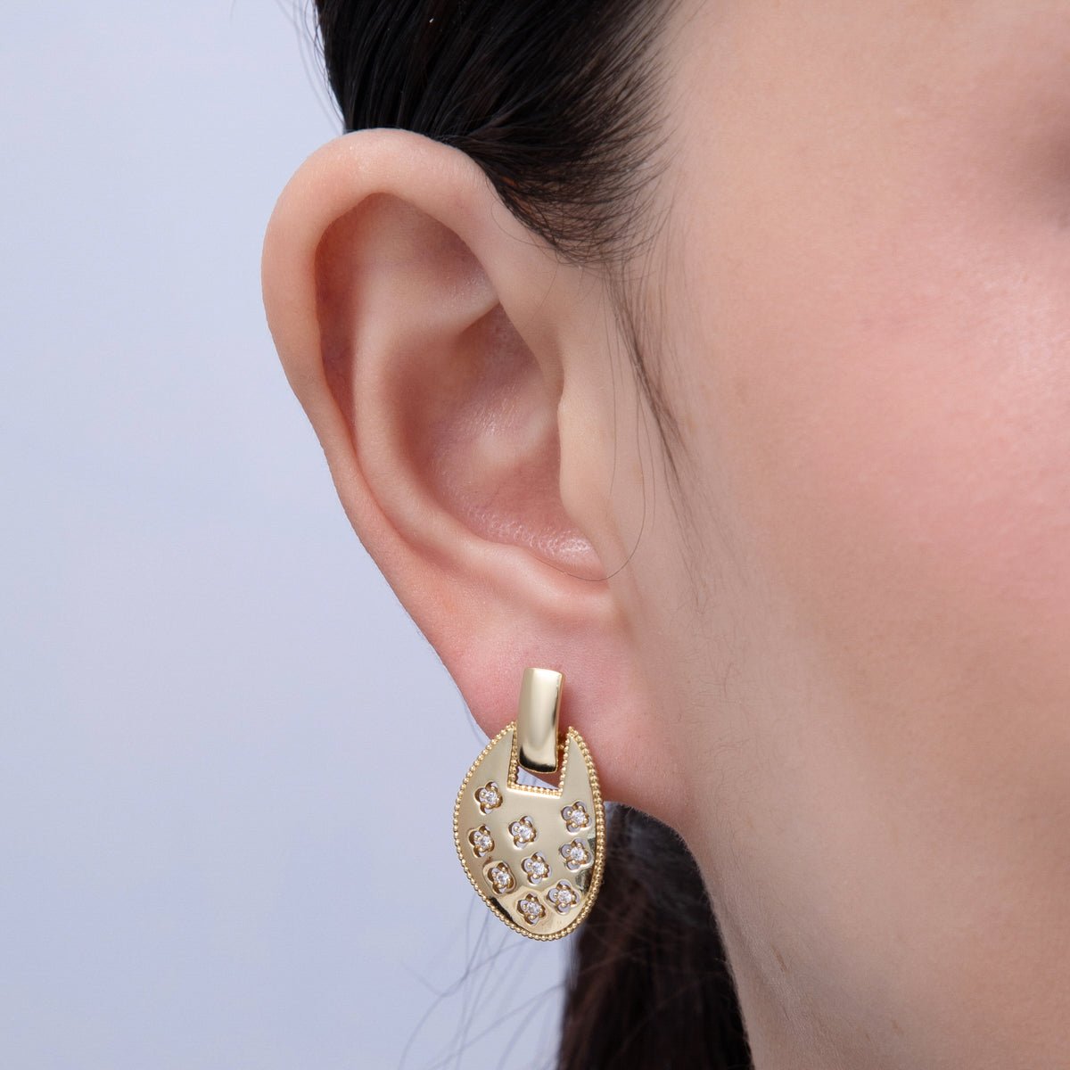 14K Gold Filled 26.5mm Clear CZ Clover Dotted Geometric Drop Stud Earrings | Earrings - 00033 - DLUXCA