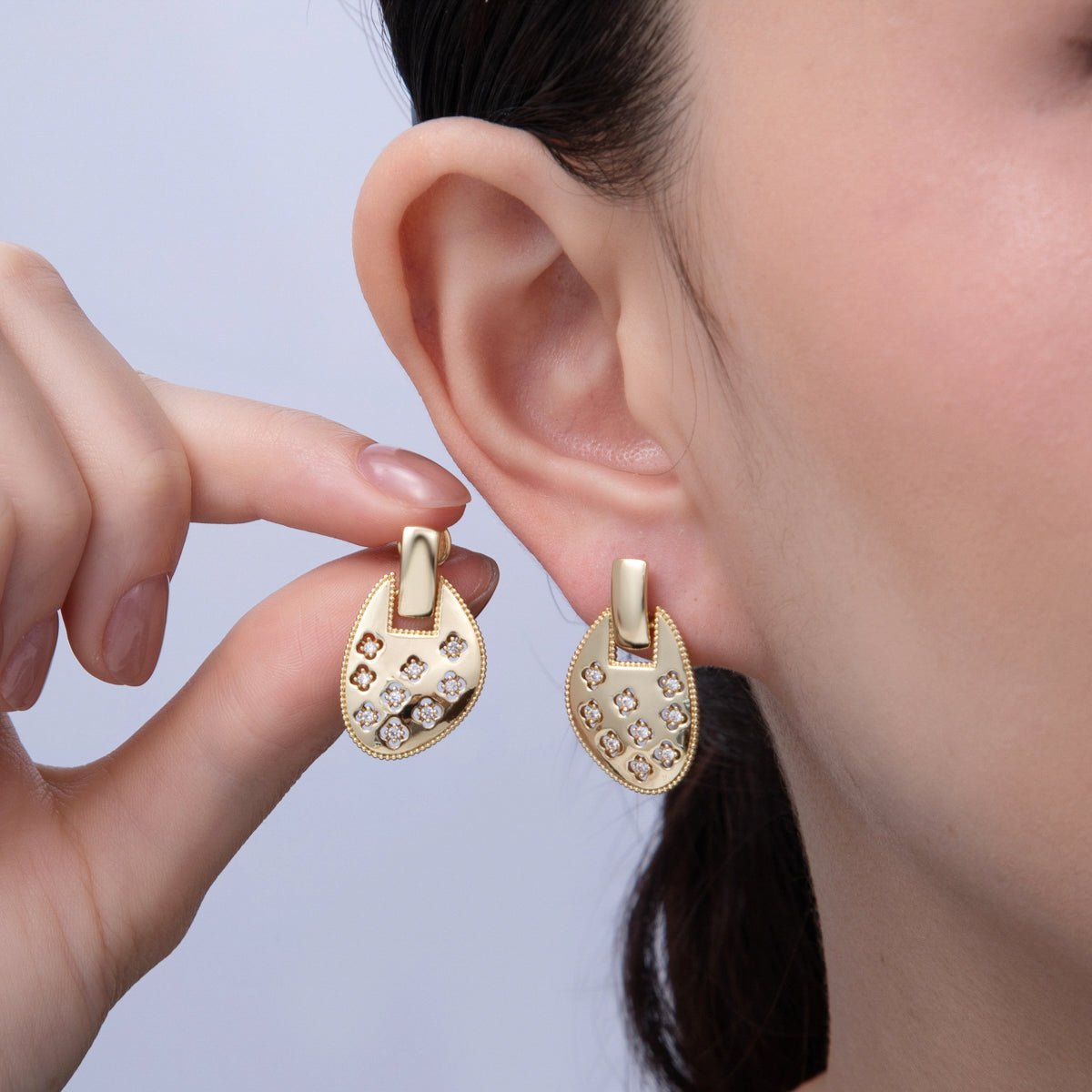 14K Gold Filled 26.5mm Clear CZ Clover Dotted Geometric Drop Stud Earrings | Earrings - 00033 - DLUXCA