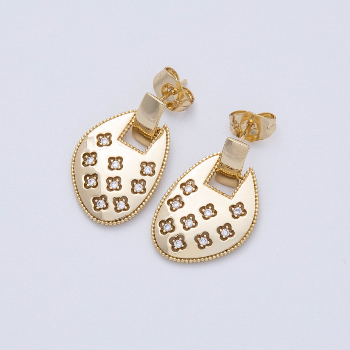 14K Gold Filled 26.5mm Clear CZ Clover Dotted Geometric Drop Stud Earrings | Earrings - 00033 - DLUXCA