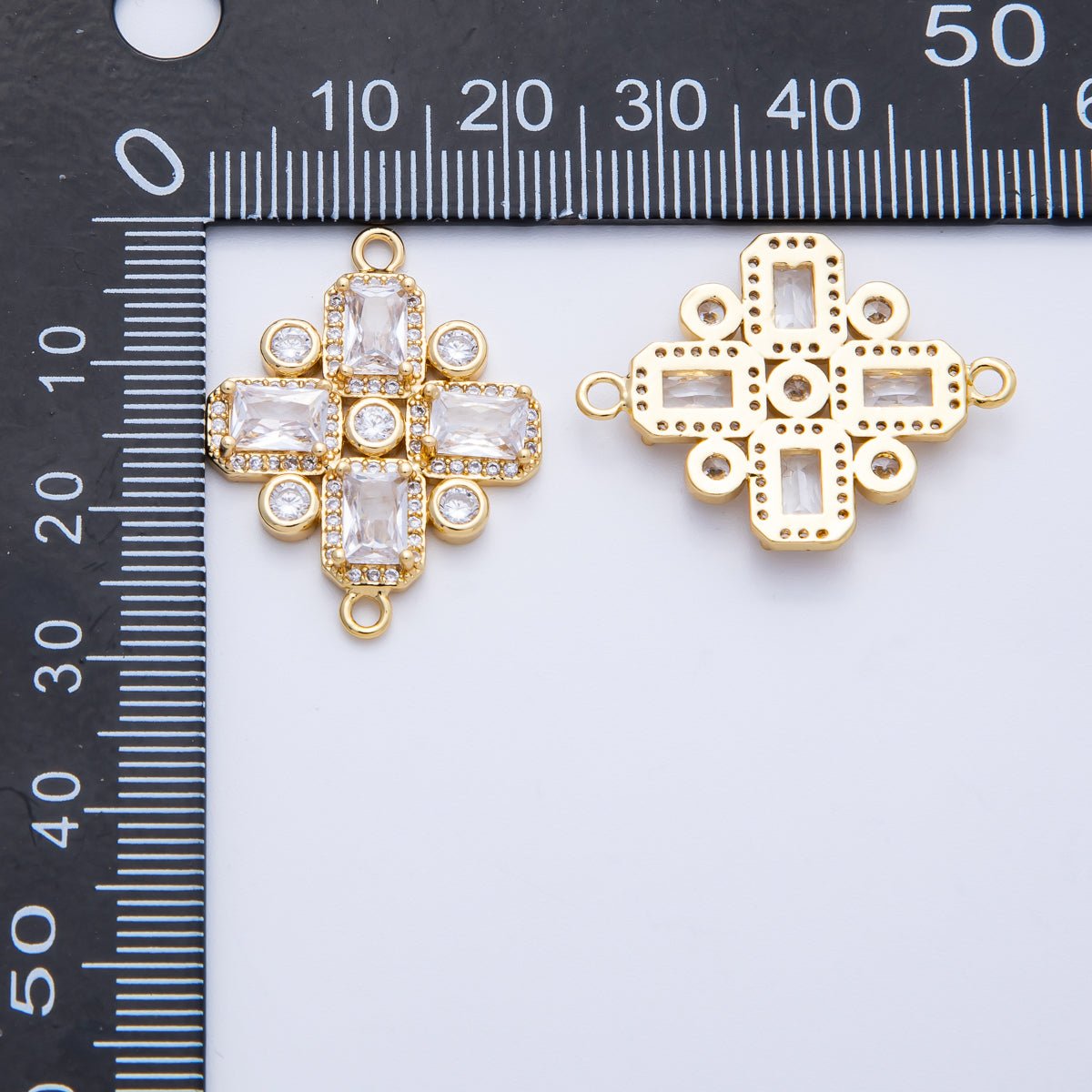 14K Gold Filled 28mm Clear CZ Baguette Micro Paved Geometric Connector | Connectors - 00007 - DLUXCA
