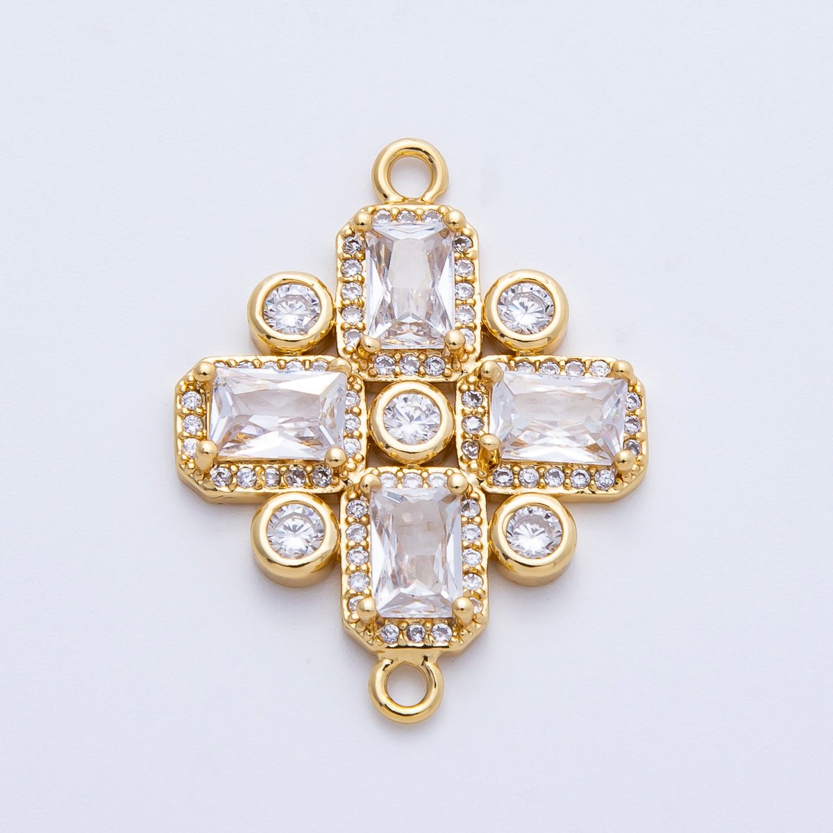 14K Gold Filled 28mm Clear CZ Baguette Micro Paved Geometric Connector | Connectors - 00007 - DLUXCA