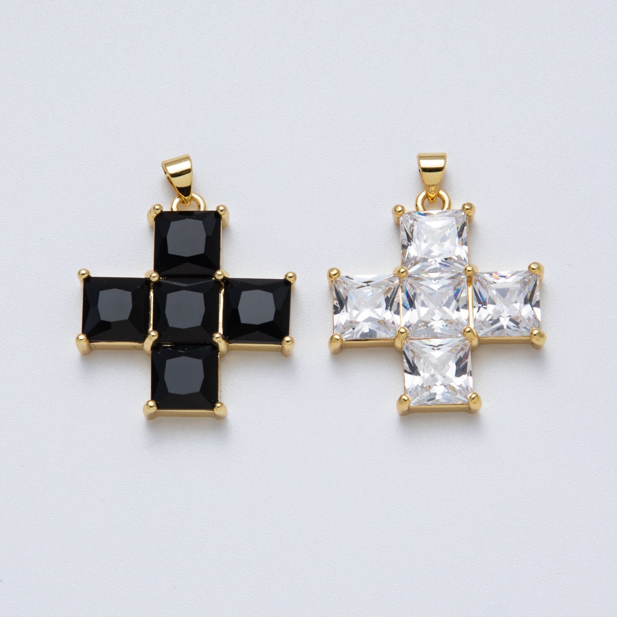 14K Gold Filled 30mm Black, Clear CZ Baguette Square Religious Cross Pendant | Charms - 00065 Charms - 00066 - DLUXCA