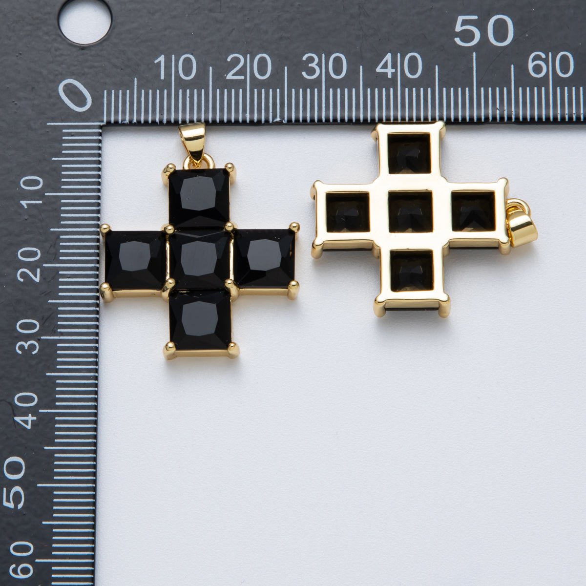 14K Gold Filled 30mm Black, Clear CZ Baguette Square Religious Cross Pendant | Charms - 00065 Charms - 00066 - DLUXCA