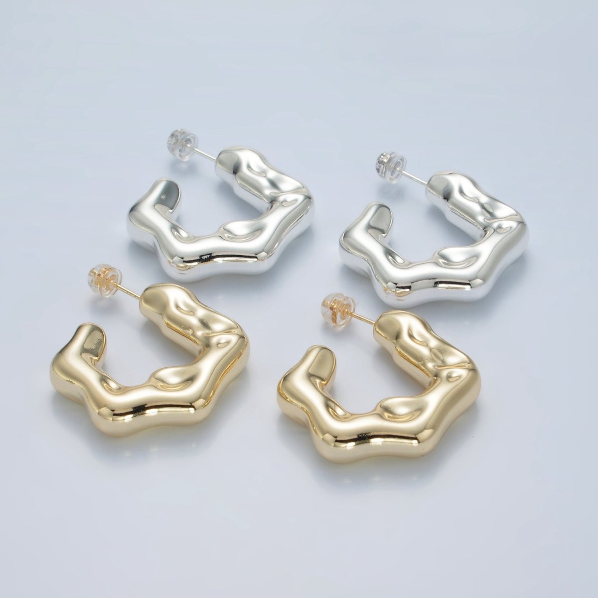 14K Gold Filled 30mm Hammered Molten C - Shaped Hoop Earrings in Gold & Silver | AD686 AD687 - DLUXCA