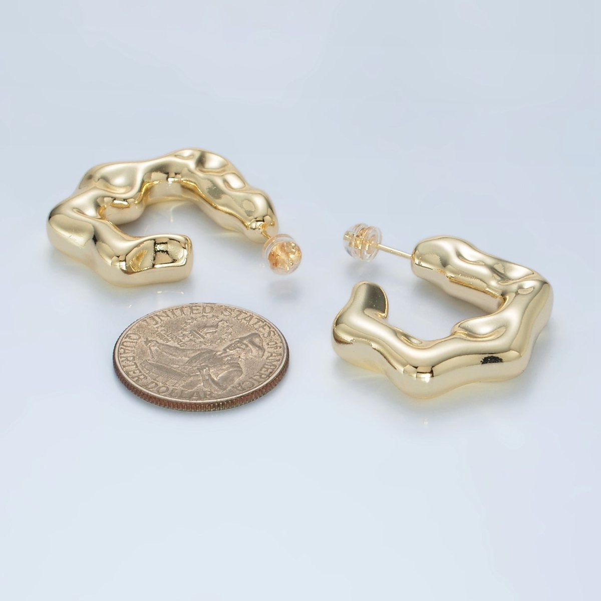 14K Gold Filled 30mm Hammered Molten C - Shaped Hoop Earrings in Gold & Silver | AD686 AD687 - DLUXCA