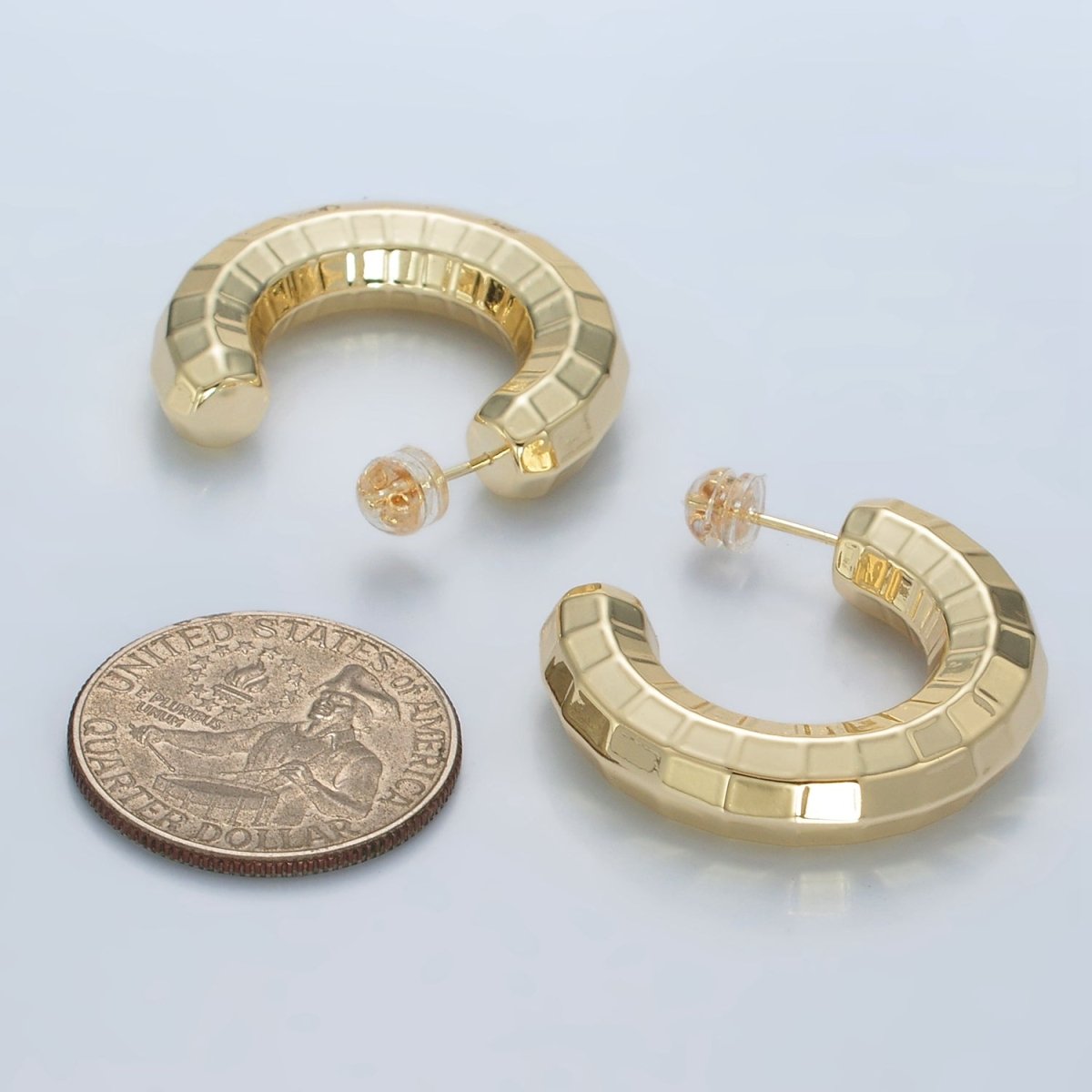 14K Gold Filled 30mm Lightweight Multifaceted C - Shaped Hoop Earrings in Gold & Silver | AD675 AD676 - DLUXCA