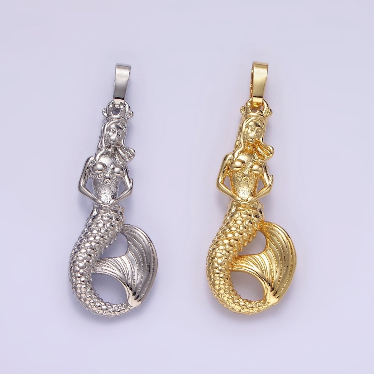 14K Gold Filled 30mm Mermaid Myth Textured Minimalist Solid Pendant in Gold & Silver | AA298 - DLUXCA