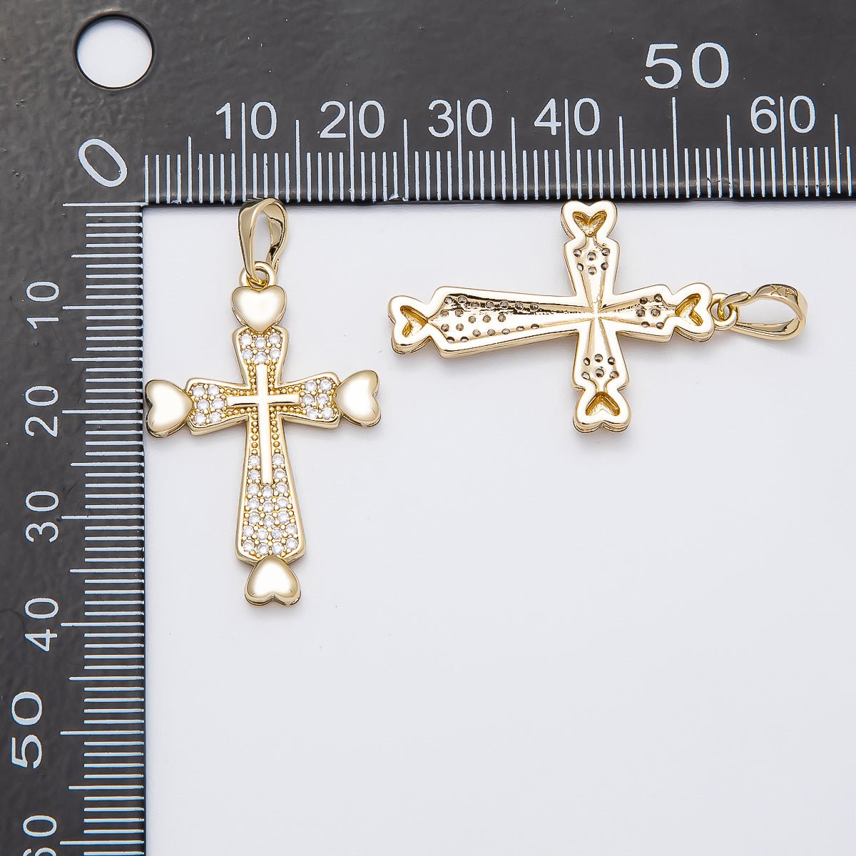 14K Gold Filled 32mm Micro Paved CZ Heart Religious Cross Pendant | Charms - 00519 - DLUXCA