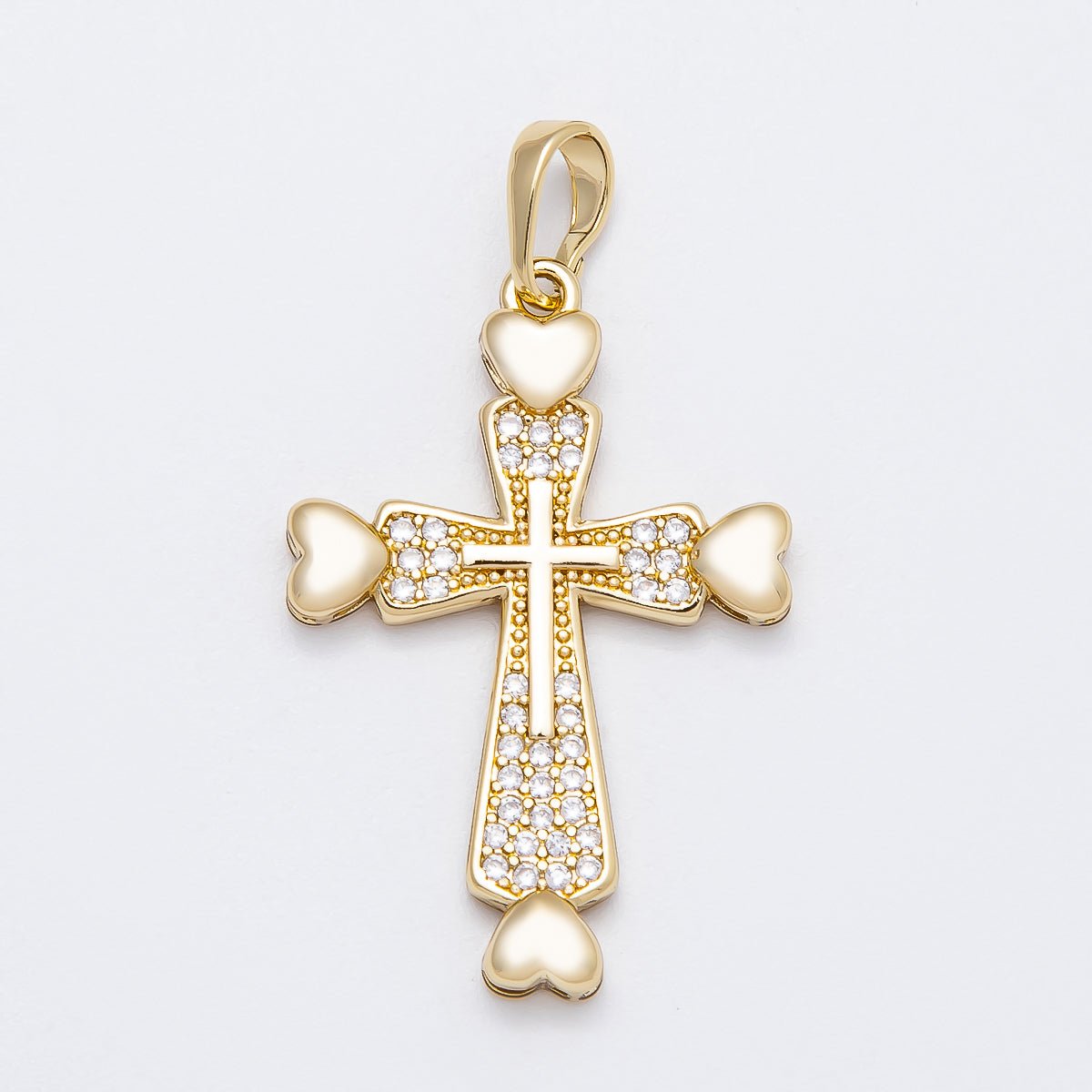 14K Gold Filled 32mm Micro Paved CZ Heart Religious Cross Pendant | Charms - 00519 - DLUXCA