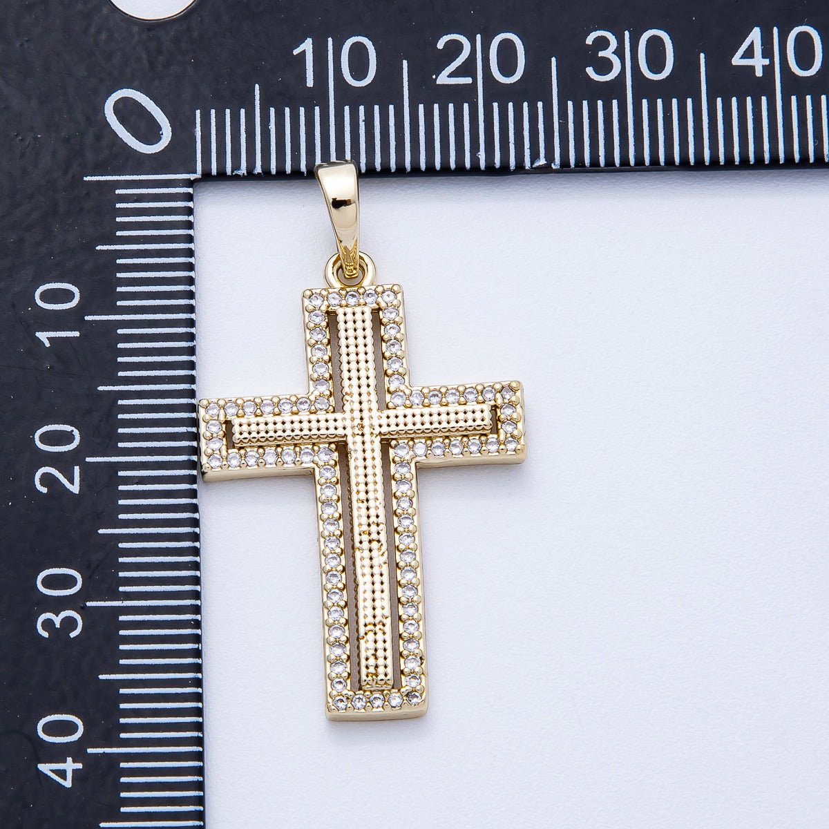 14K Gold Filled 33mm Beaded Textured Micro Paved CZ Religious Cross Bezel Pendant | Charms - 00353 - DLUXCA