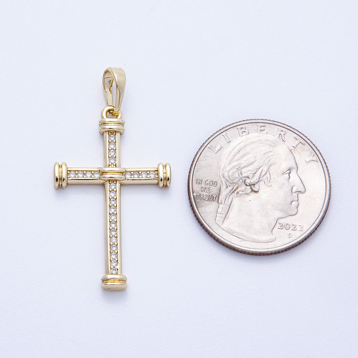 14K Gold Filled 33mm Micro Paved CZ Tube Band Religious Cross Pendant | Charms - 00430 - DLUXCA