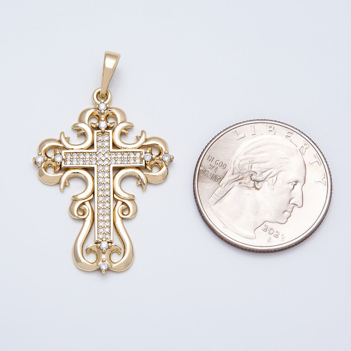 14K Gold Filled 34mm Micro Paved CZ Artisan Geometric Religious Cross Pendant | Charms - 00518 - DLUXCA