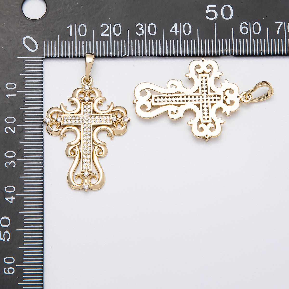 14K Gold Filled 34mm Micro Paved CZ Artisan Geometric Religious Cross Pendant | Charms - 00518 - DLUXCA