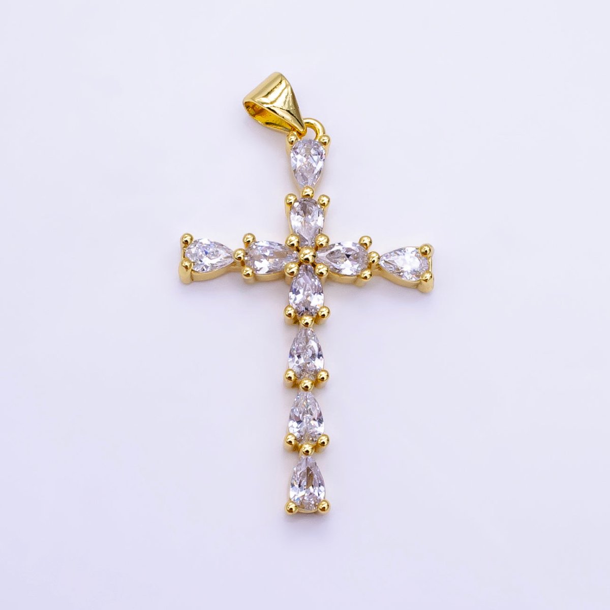 14K Gold Filled 35mm Teardrop CZ Religious Cross Pendant in Gold & Silver | H352 - DLUXCA