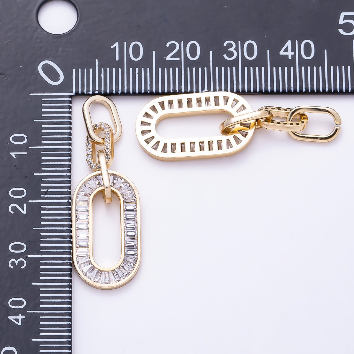 14K Gold Filled 39mm Clear Baguette Micro Paved CZ Oblong Oval Paperclip Link Pendant | Charms-01411 - DLUXCA
