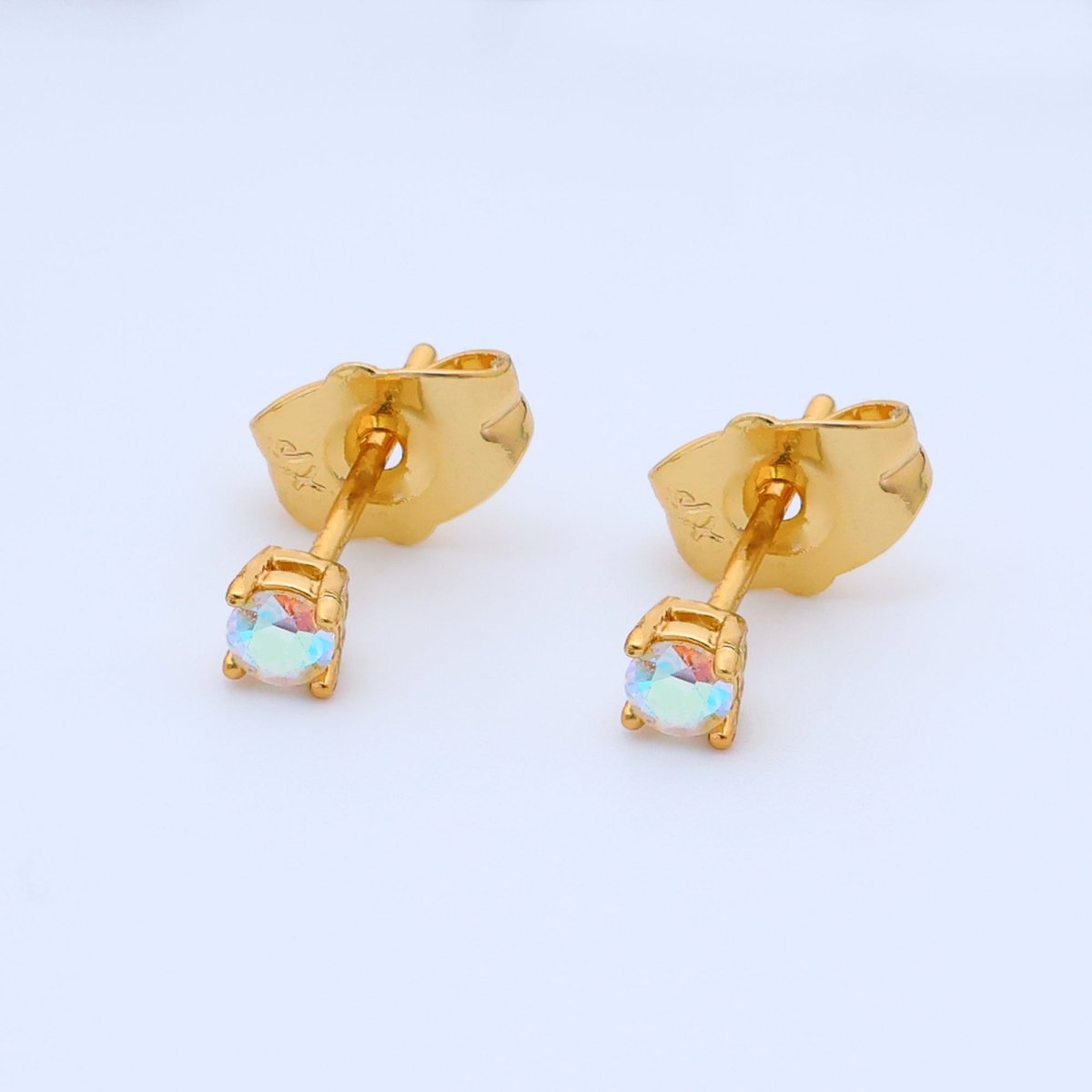 14K Gold Filled 3mm Iridescent AB CZ Mini Stud Earrings | AB1065 - DLUXCA
