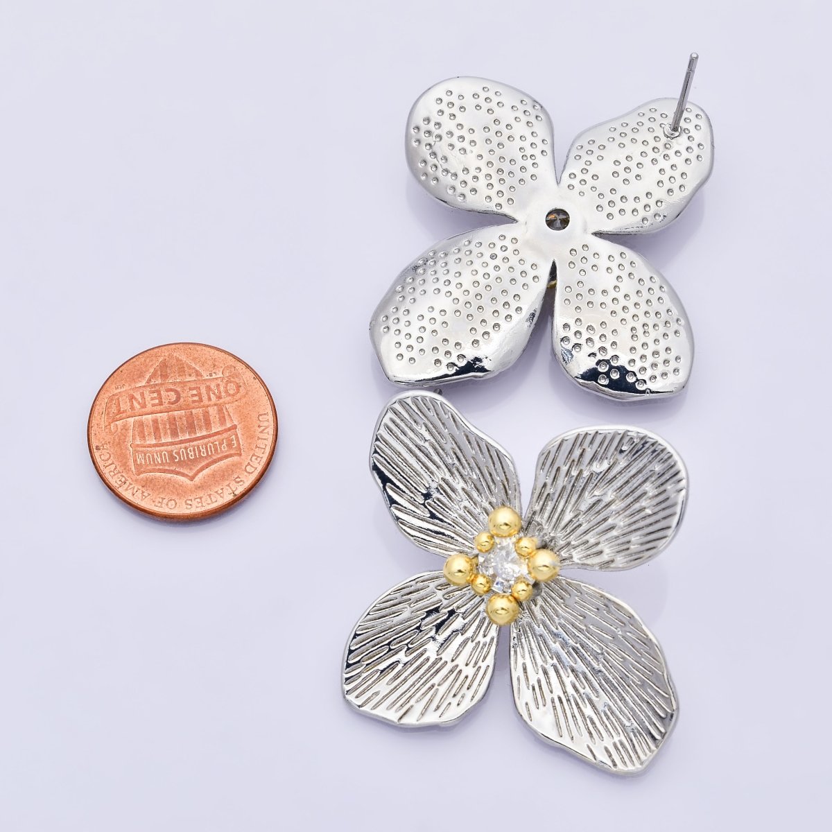 14K Gold Filled 40mm Clear CZ Line - Textured Flower Stud Earrings in Gold & Mixed Metal | P - 507 P - 504 - DLUXCA