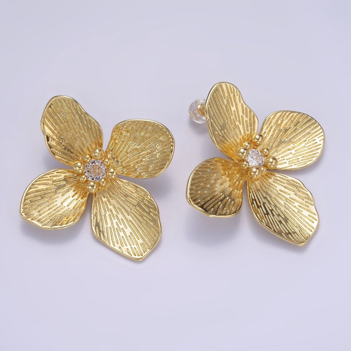 14K Gold Filled 40mm Clear CZ Line-Textured Flower Stud Earrings | P507 - DLUXCA