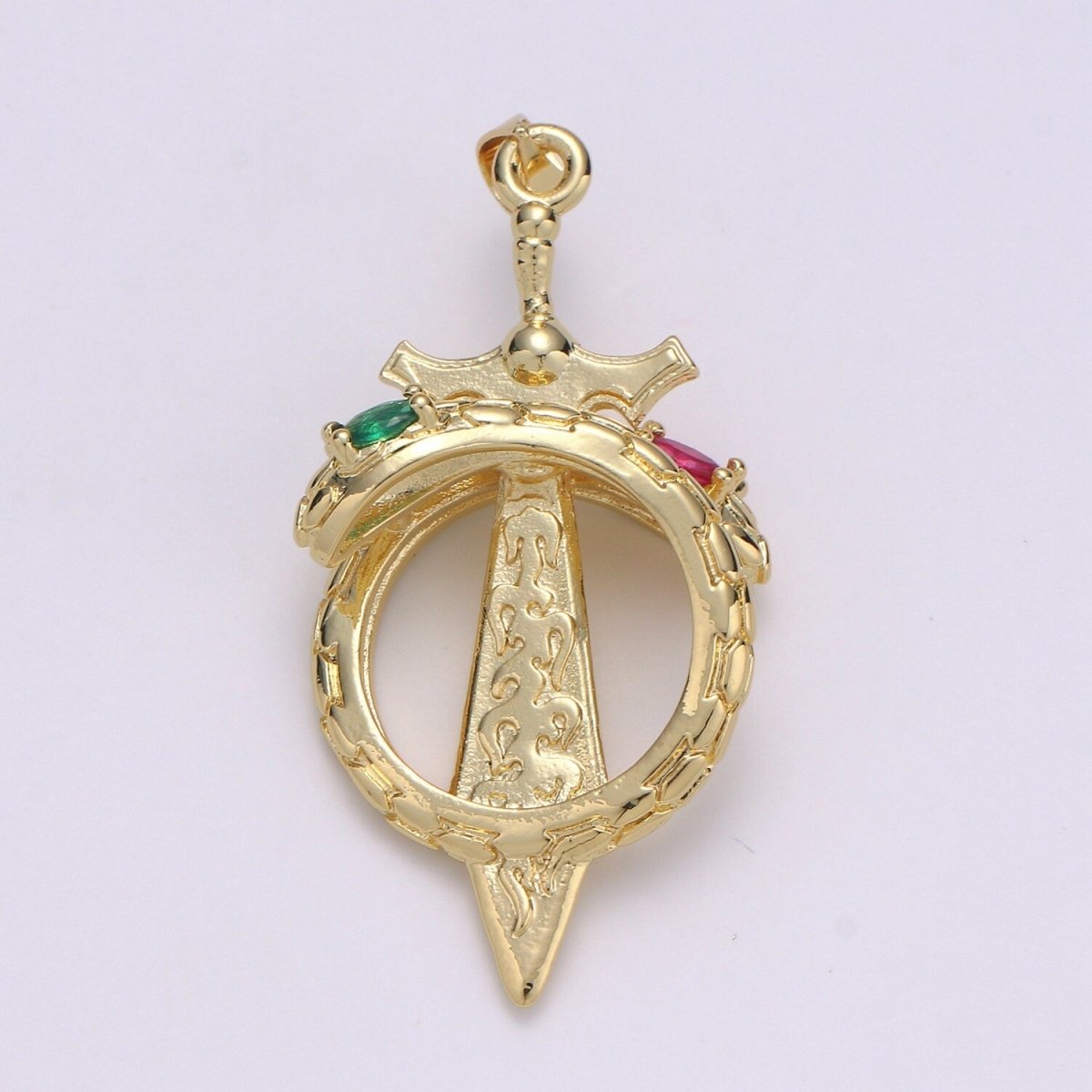 14K Gold Filled 43mm Green, Multicolor, Pink CZ Snake Sword Open Charm | J00036 - J00038 - DLUXCA
