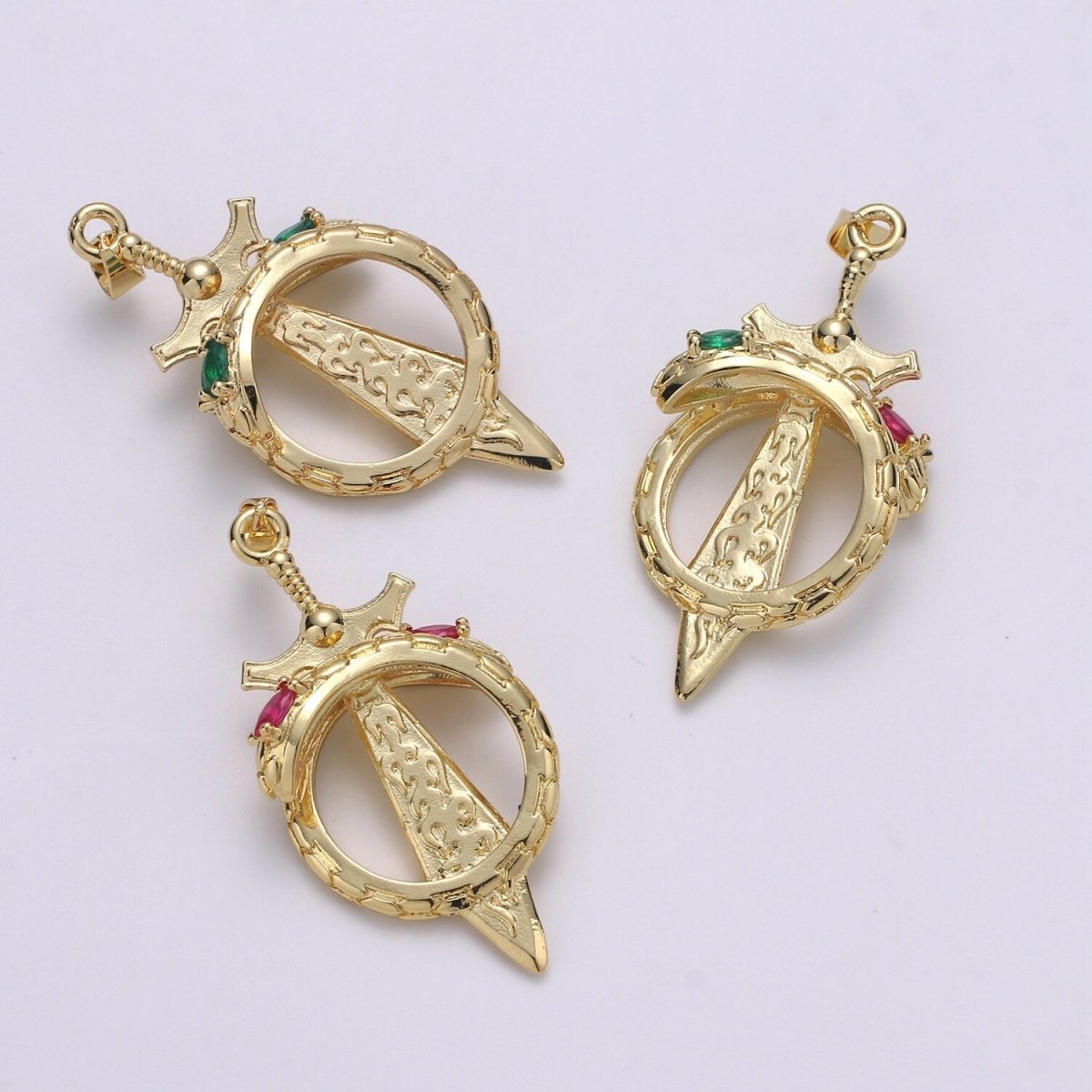 14K Gold Filled 43mm Green, Multicolor, Pink CZ Snake Sword Open Charm | J00036 - J00038 - DLUXCA