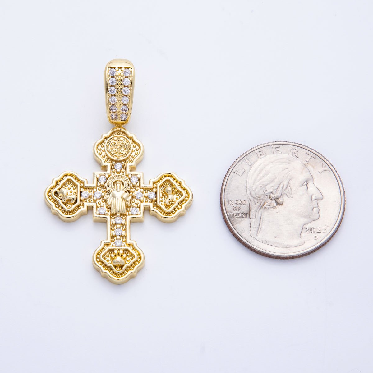 14K Gold Filled 45.5mm Micro Paved CZ Saint Benedict Medal Cross Pendant | Charms - 00069 - DLUXCA