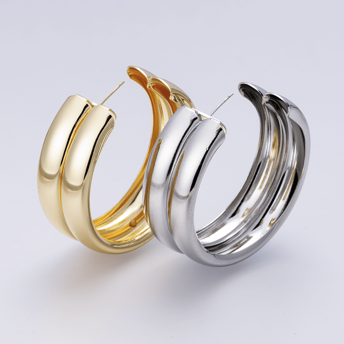 14K Gold Filled 50mm Double Band C - Shaped Hoop Earrings in Gold & Silver | P00422 P00423 - DLUXCA