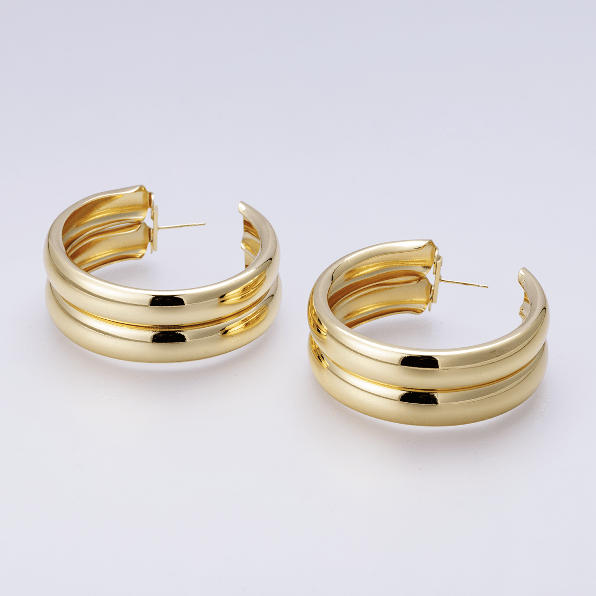 14K Gold Filled 50mm Double Band C - Shaped Hoop Earrings in Gold & Silver | P00422 P00423 - DLUXCA