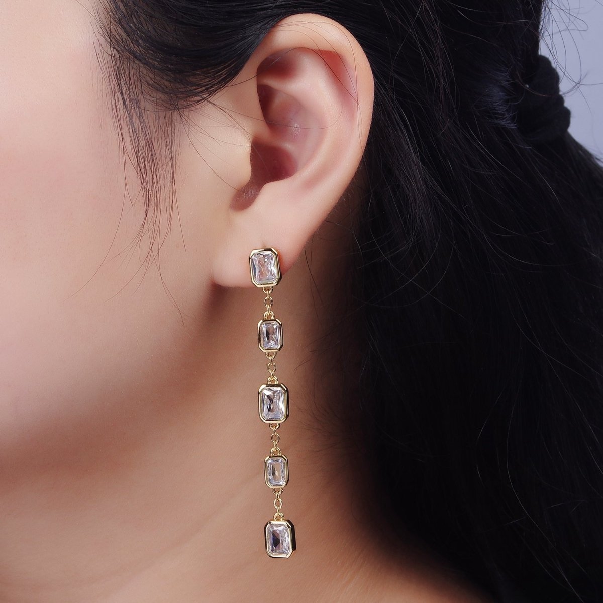 14K Gold Filled 70mm Multiple Baguette Drop Stud Earrings - DLUXCA