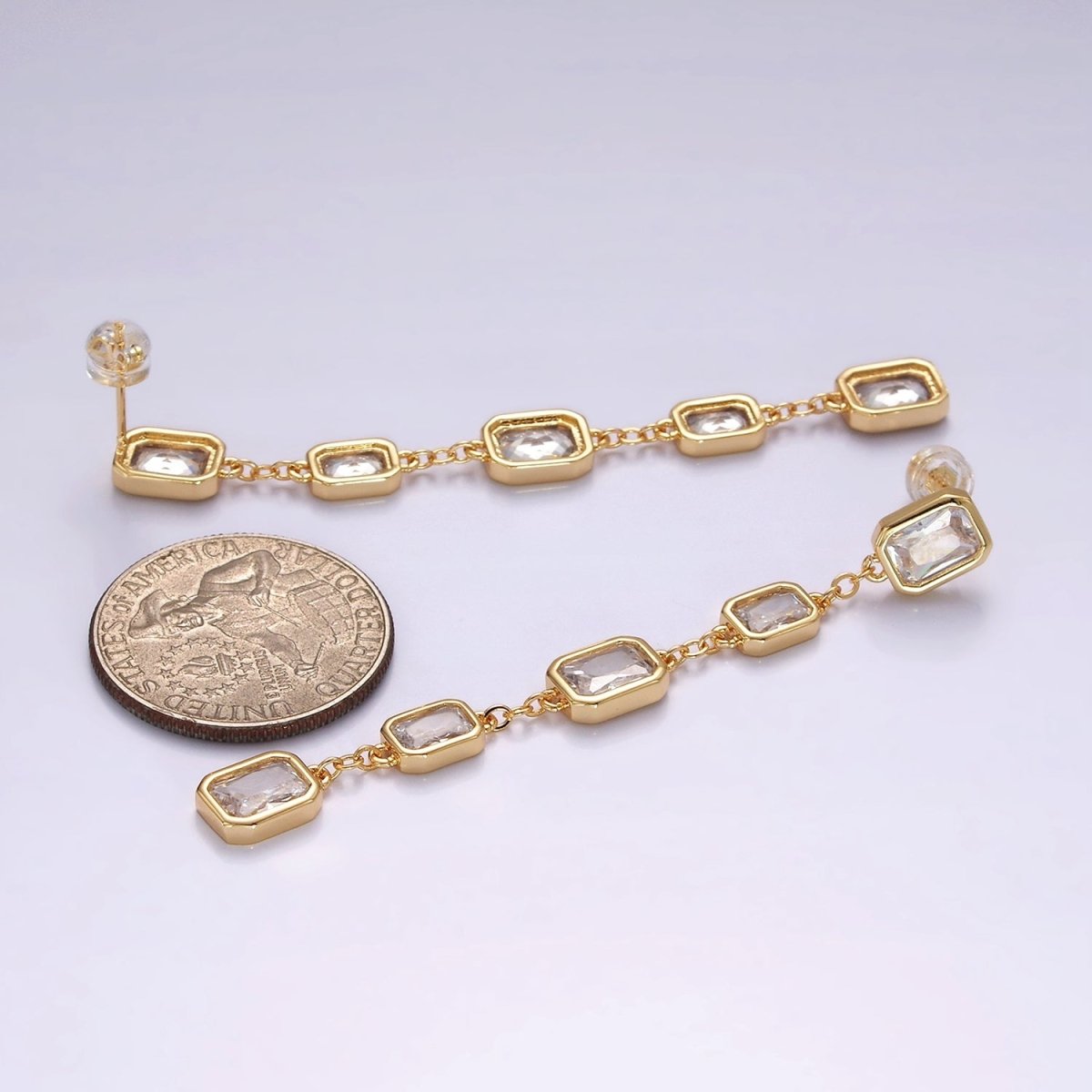 14K Gold Filled 70mm Multiple Baguette Drop Stud Earrings - DLUXCA