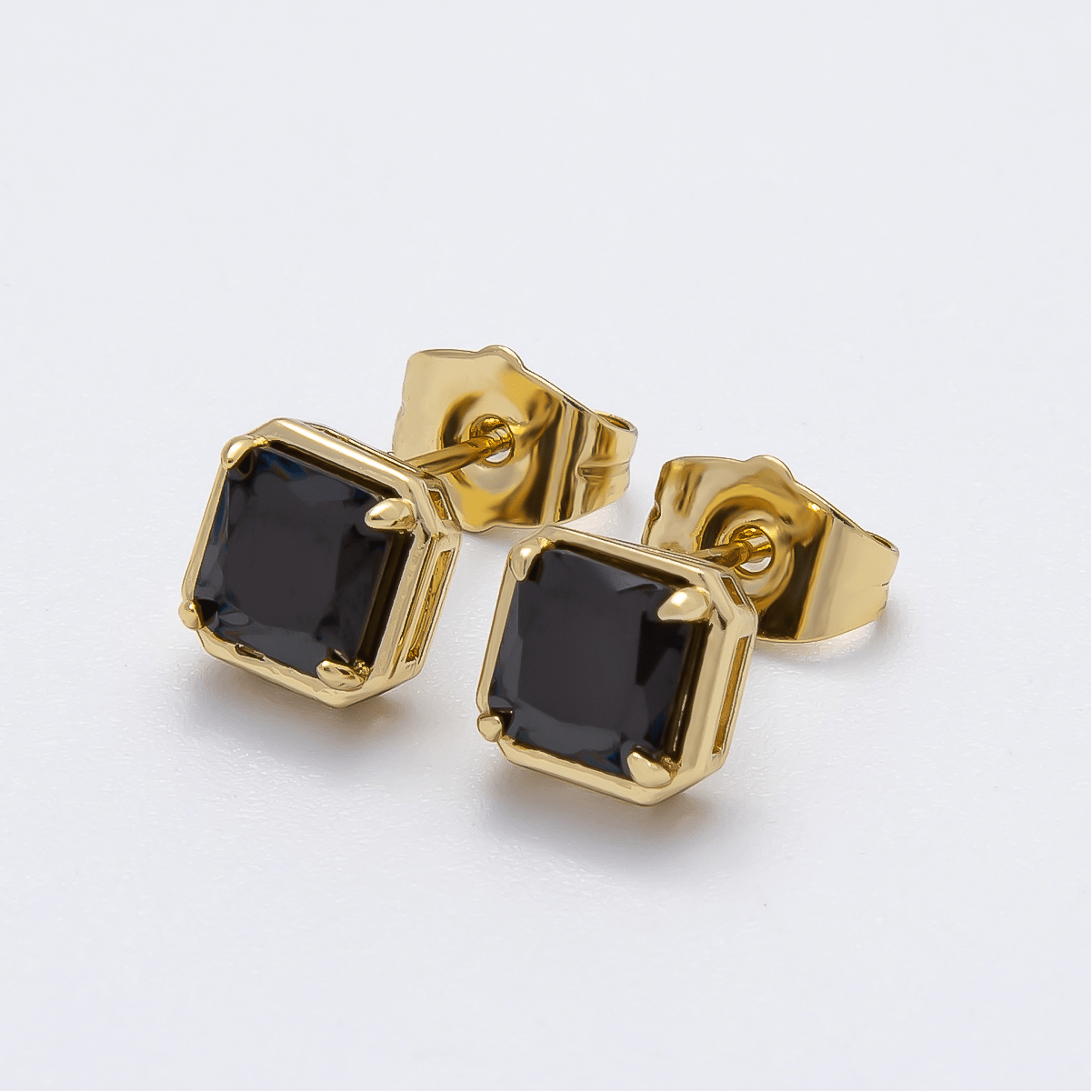 14K Gold Filled 7.5mm Black Baguette Square CZ Bezel Stud Earrings | Earrings - 00279 - DLUXCA