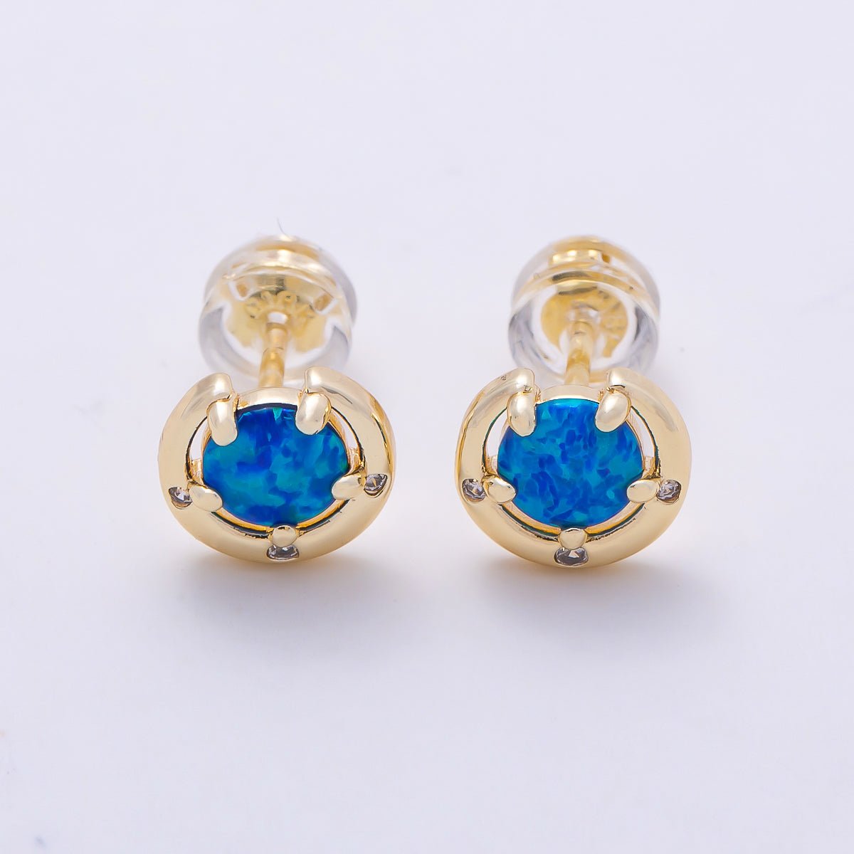 14K Gold Filled 8mm White, Blue Opal Clear CZ Dotted Curved Round Bezel Stud | Earrings-00464 Earrings-00465 - DLUXCA