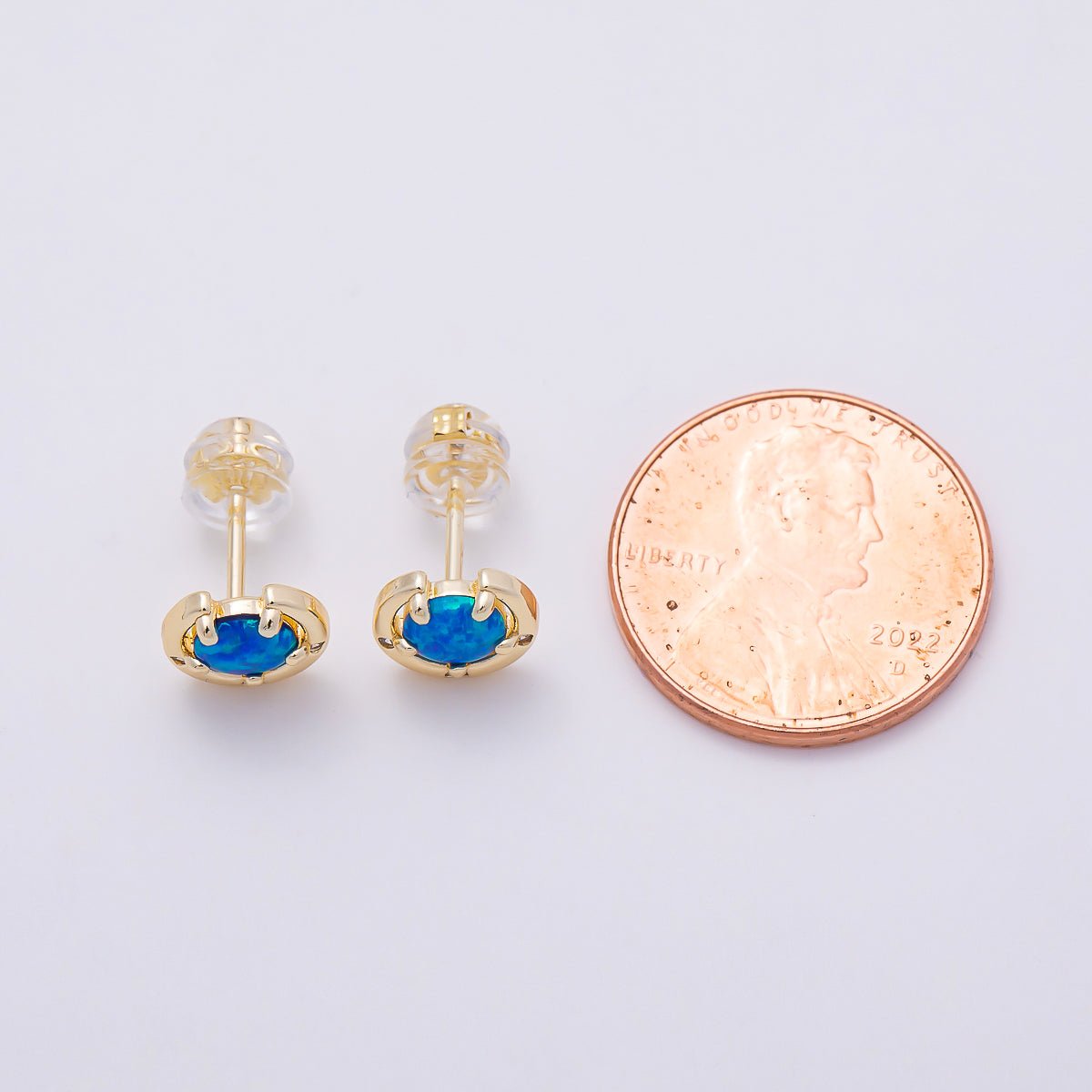 14K Gold Filled 8mm White, Blue Opal Clear CZ Dotted Curved Round Bezel Stud | Earrings-00464 Earrings-00465 - DLUXCA