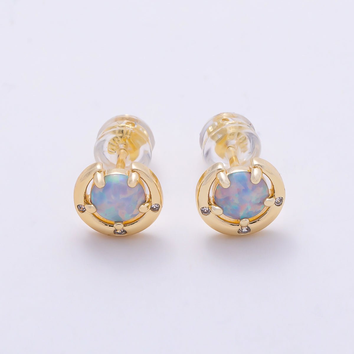 14K Gold Filled 8mm White, Blue Opal Clear CZ Dotted Curved Round Bezel Stud | Earrings-00464 Earrings-00465 - DLUXCA
