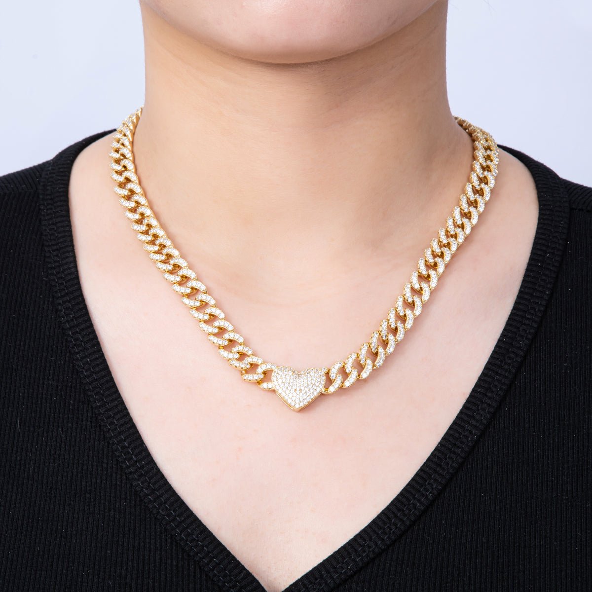 14K Gold Filled 9.5mm Heart Micro Paved CZ Curb Chain 18 Inch Necklace | WA - 4090 - DLUXCA