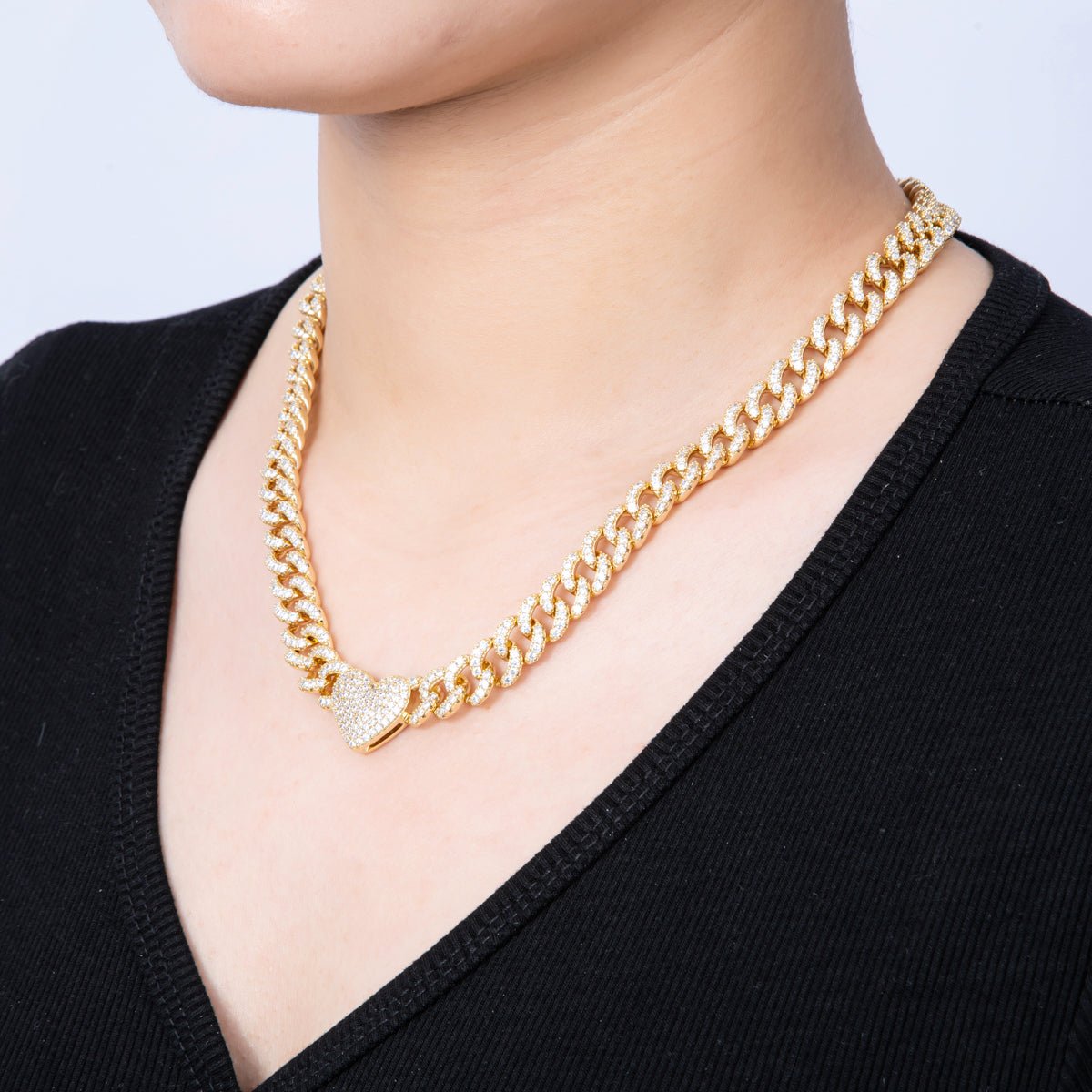 14K Gold Filled 9.5mm Heart Micro Paved CZ Curb Chain 18 Inch Necklace | WA - 4090 - DLUXCA