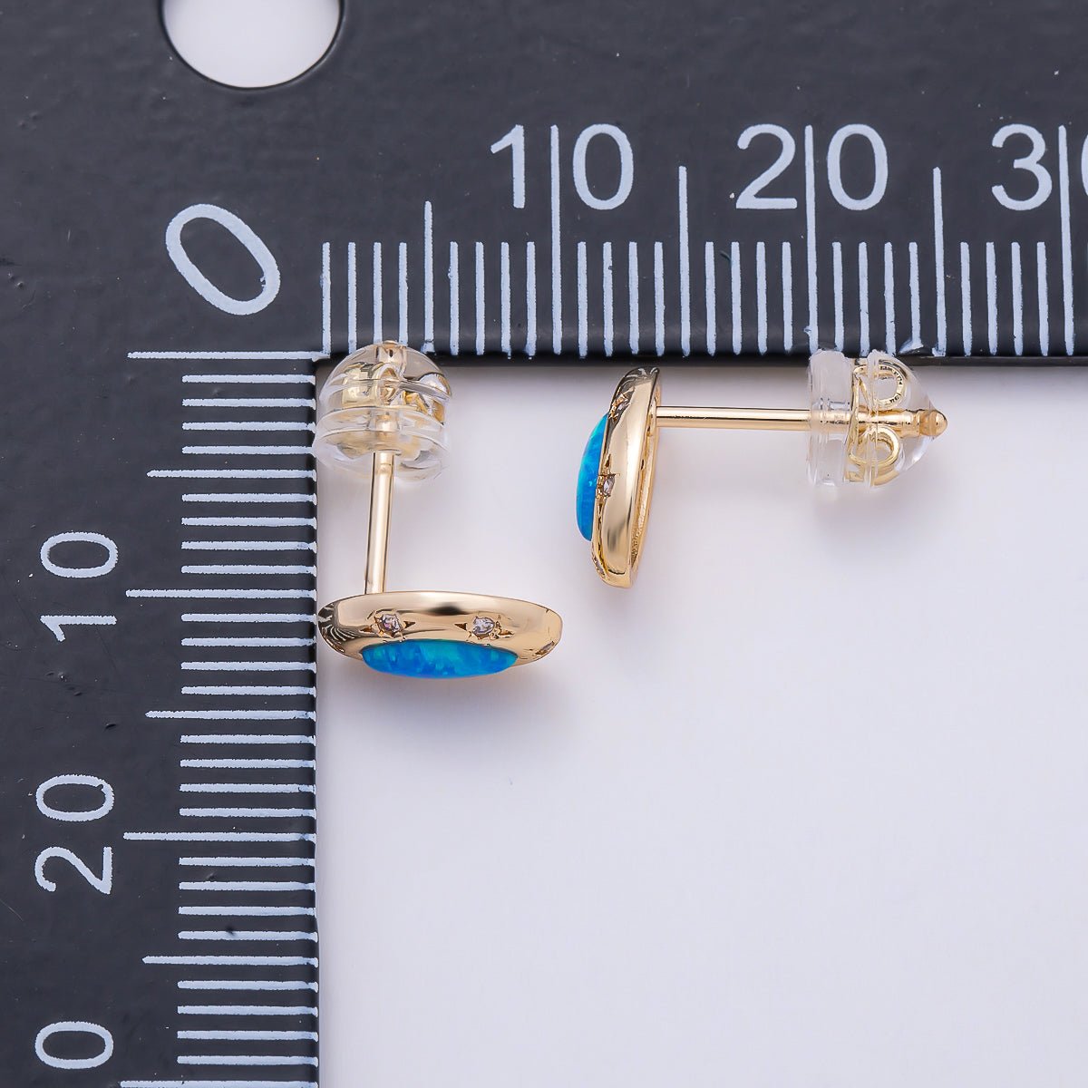 14K Gold Filled 9.5mm White, Blue Opal CZ Star Dotted Marquise Navette Bezel Stud | Earrings-00466 Earrings-00467 - DLUXCA