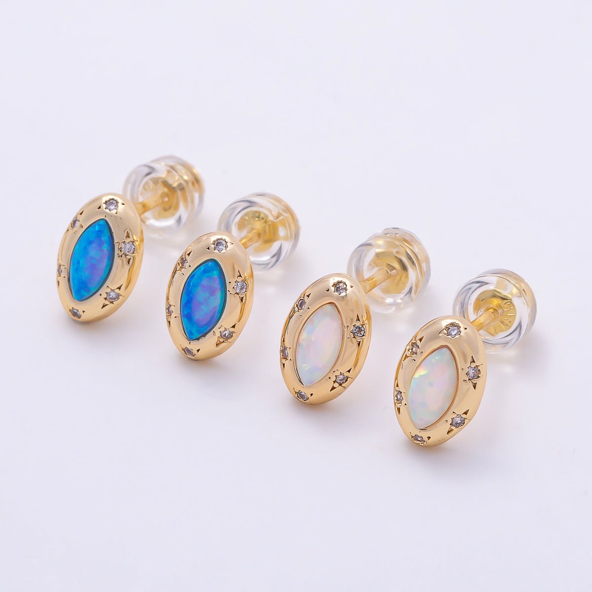 14K Gold Filled 9.5mm White, Blue Opal CZ Star Dotted Marquise Navette Bezel Stud | Earrings-00466 Earrings-00467 - DLUXCA