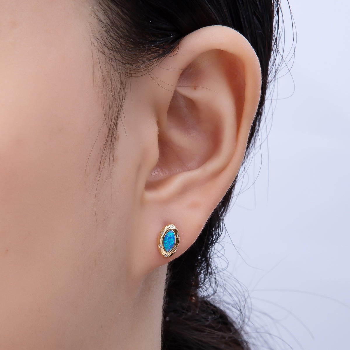 14K Gold Filled 9.5mm White, Blue Opal CZ Star Dotted Marquise Navette Bezel Stud | Earrings-00466 Earrings-00467 - DLUXCA