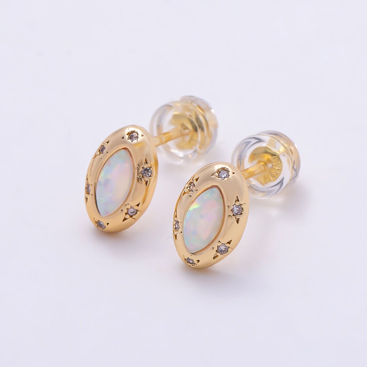 14K Gold Filled 9.5mm White, Blue Opal CZ Star Dotted Marquise Navette Bezel Stud | Earrings-00466 Earrings-00467 - DLUXCA