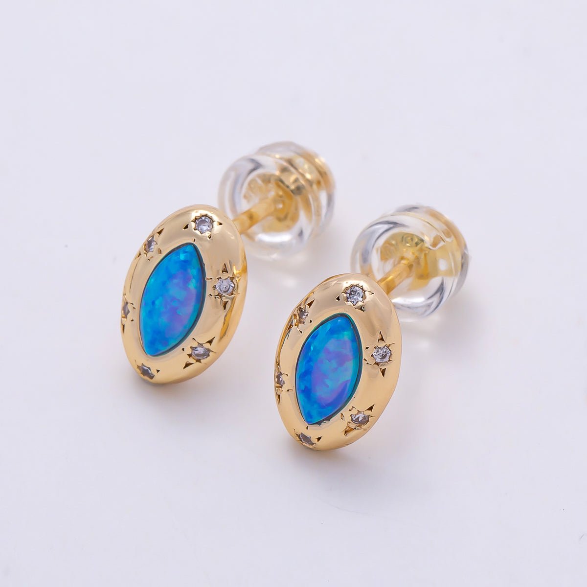 14K Gold Filled 9.5mm White, Blue Opal CZ Star Dotted Marquise Navette Bezel Stud | Earrings-00466 Earrings-00467 - DLUXCA