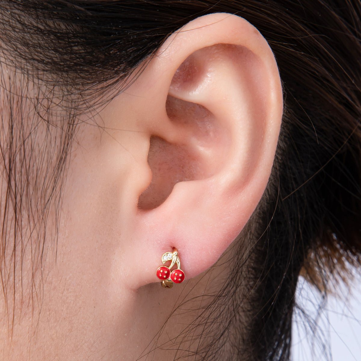 14K Gold Filled 9mm Cherry Fruit Enamel Micro Paved Huggie Earrings | Earrings - 00086 - DLUXCA