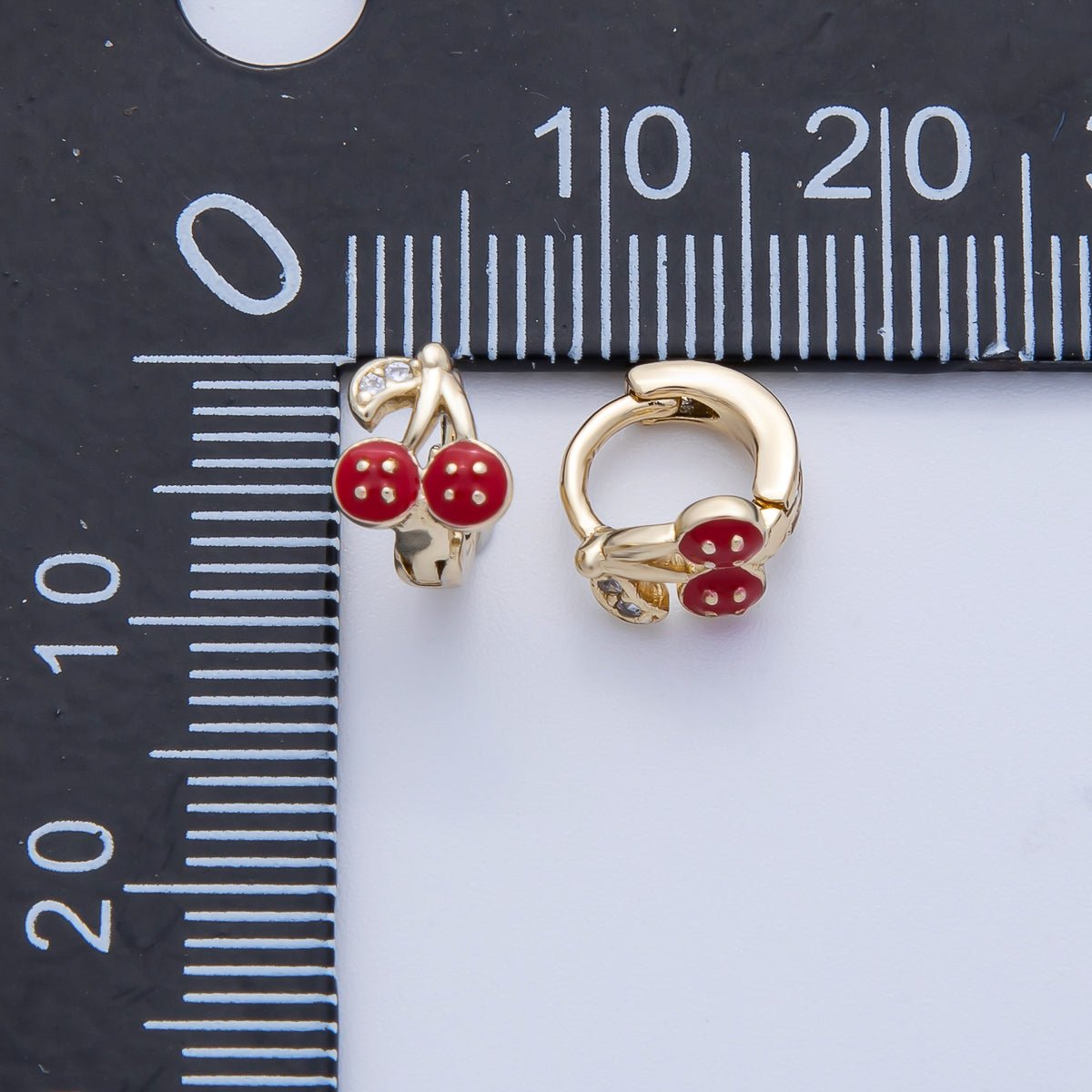 14K Gold Filled 9mm Cherry Fruit Enamel Micro Paved Huggie Earrings | Earrings - 00086 - DLUXCA