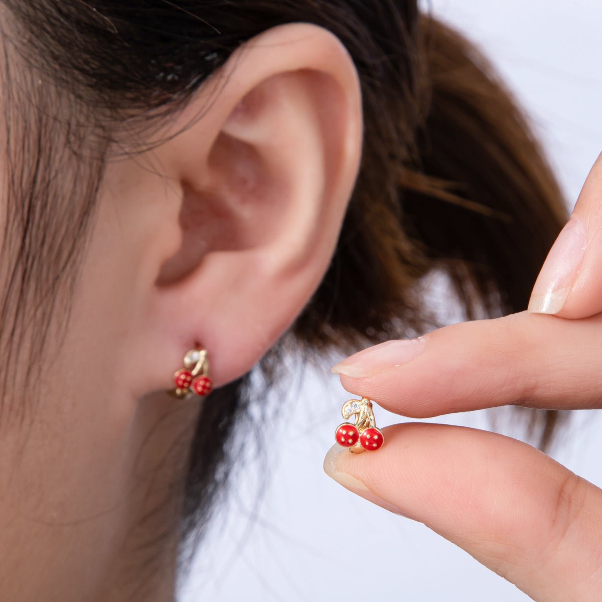14K Gold Filled 9mm Cherry Fruit Enamel Micro Paved Huggie Earrings | Earrings - 00086 - DLUXCA