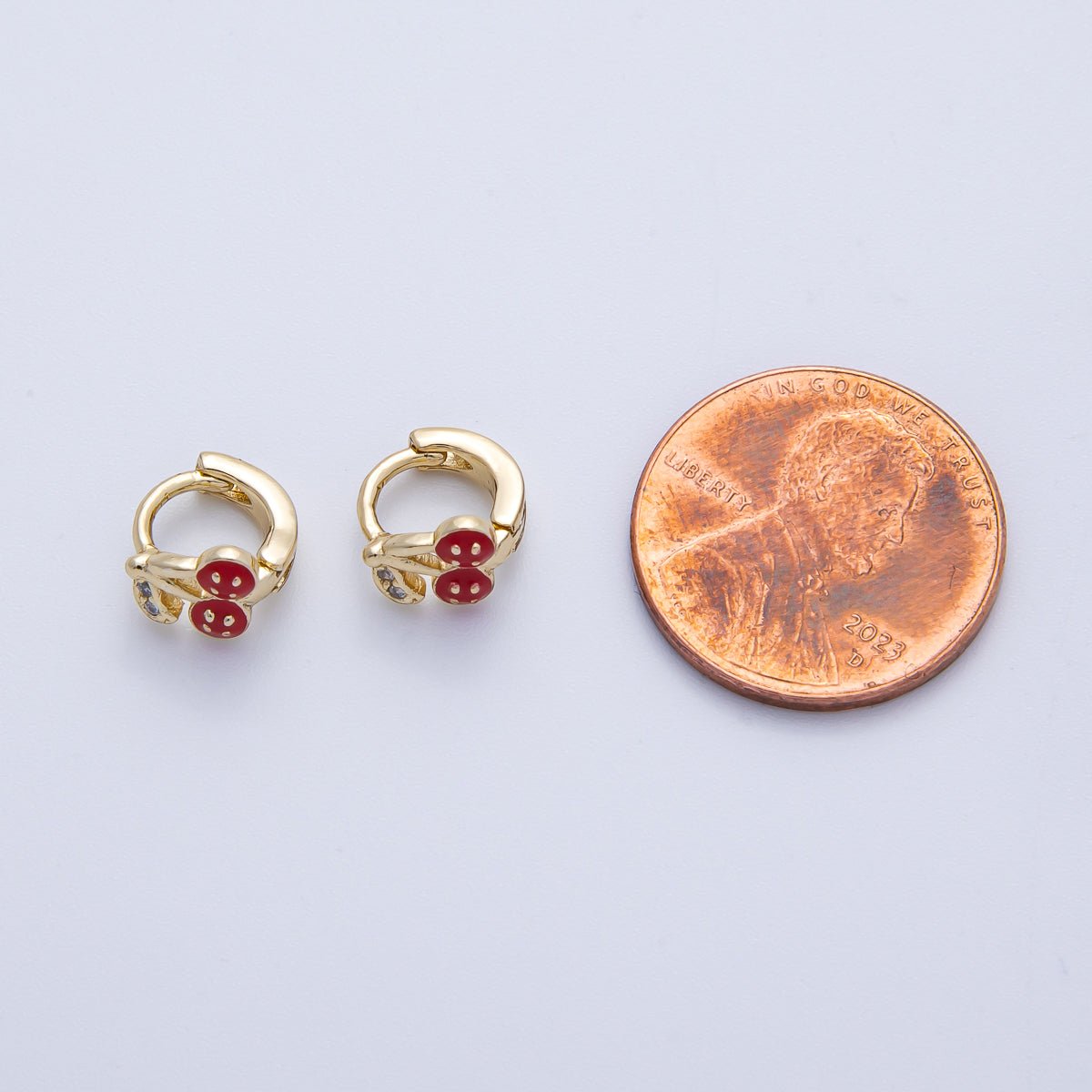 14K Gold Filled 9mm Cherry Fruit Enamel Micro Paved Huggie Earrings | Earrings - 00086 - DLUXCA