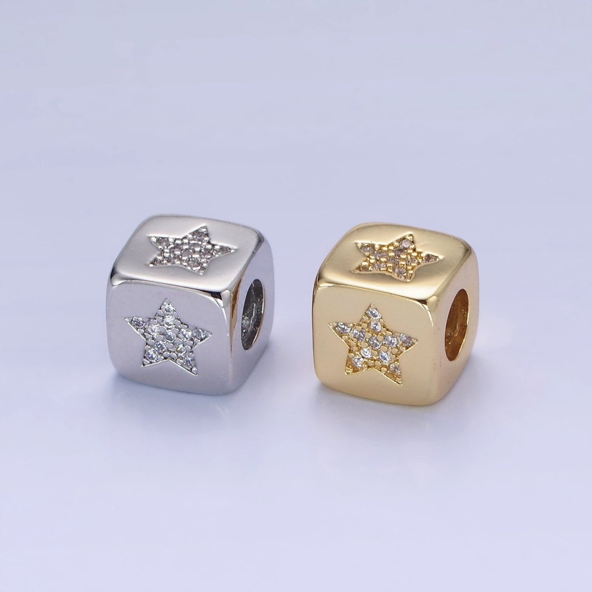 14K Gold Filled 9mm Micro Paved CZ Celestial Star Cube Bead in Gold & Silver | B885 - DLUXCA