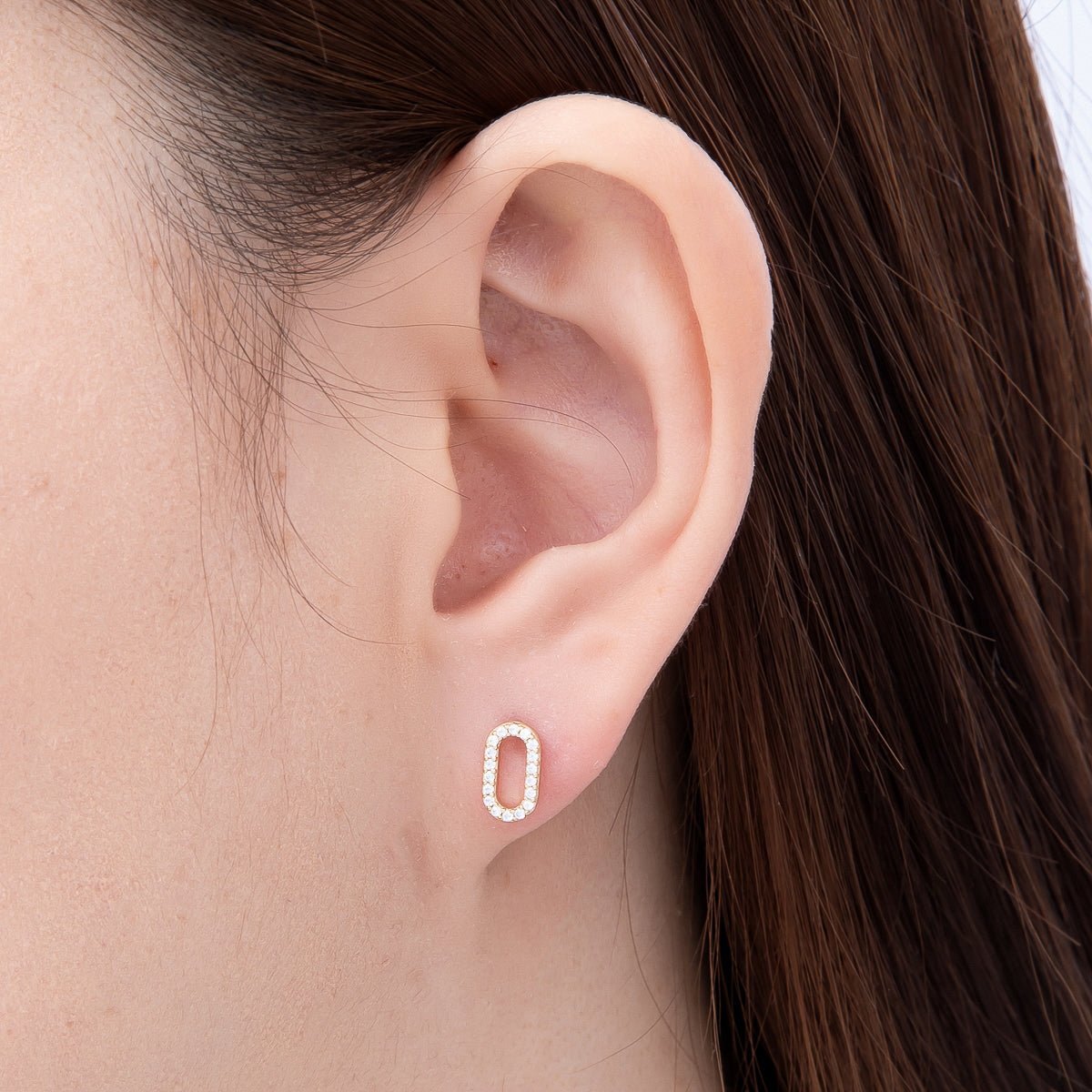 14K Gold Filled 9mm Micro Paved CZ Oval Link Stud Earrings | Earrings-00703 - DLUXCA