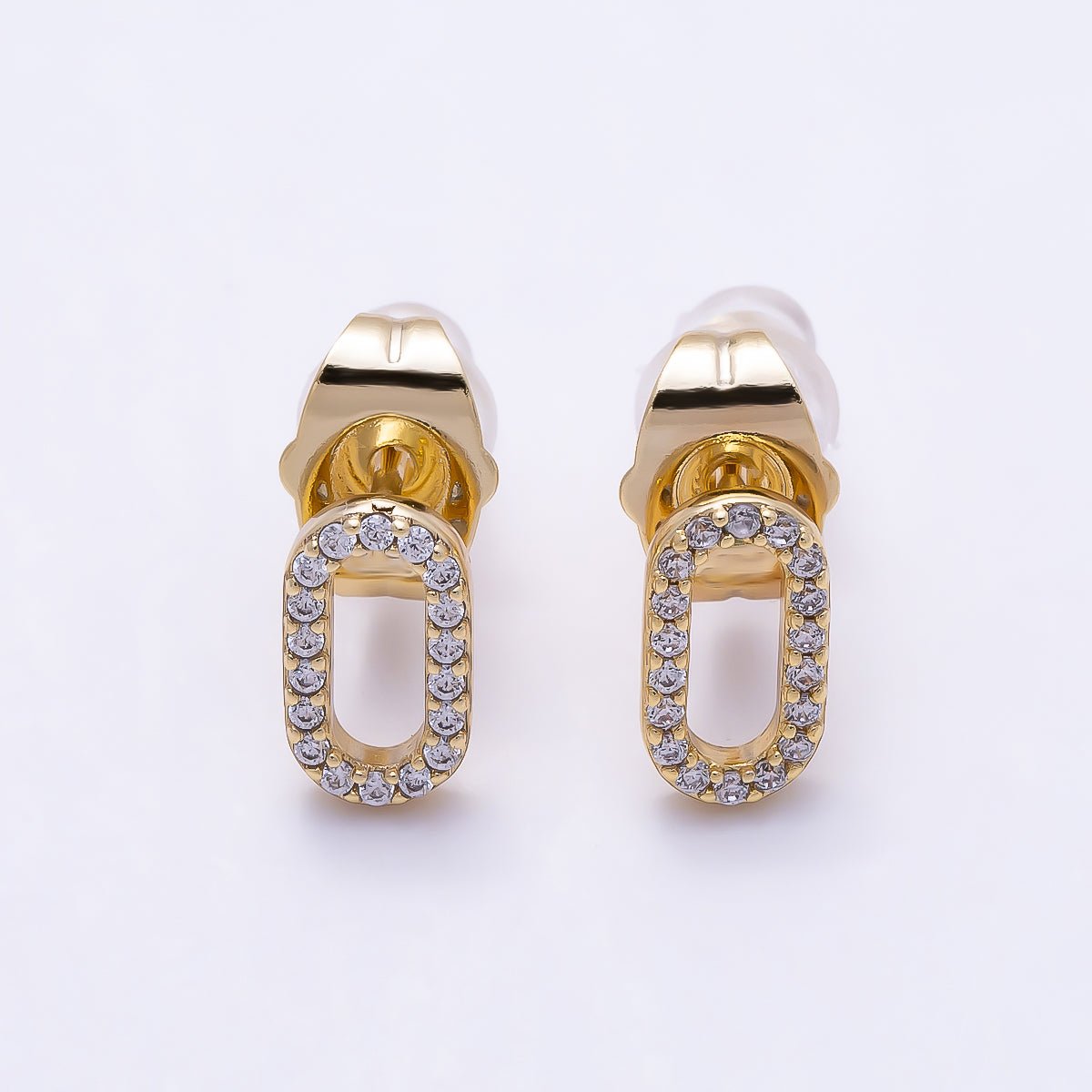 14K Gold Filled 9mm Micro Paved CZ Oval Link Stud Earrings | Earrings-00703 - DLUXCA